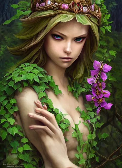 Image similar to beautiful full body portrait of the legend of Zelda ocarina of time great fairy, her body wrapped with ivy vines leaves and flowers, dark fantasy esoteric, D&D, fantasy, cinematic lighting, intricate, elegant, highly detailed, digital painting, artstation, concept art, matte, sharp focus, illustration, art by Artgerm and Tom Bagshaw and Greg Rutkowski and Alphonse Mucha