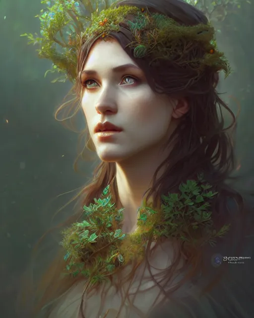 Image similar to beautiful female druid, portrait, fantasy, young, detailed, sketch, intricate, leaves and simple cloth, dynamic lighting, digital art, digital painting, artstation, wlop, sharp focus, illustration, art by artgerm and greg rutkowski and alphonse mucha, 8 k