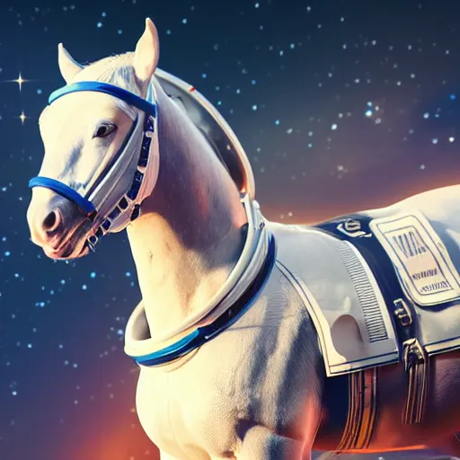 Prompt: horse wearing a space suit with helmet, floating in outer space, high tech saddle, highly detailed, stars in the background, nasa picture, 4 k, octane render, highly realistic photograph, full body shot