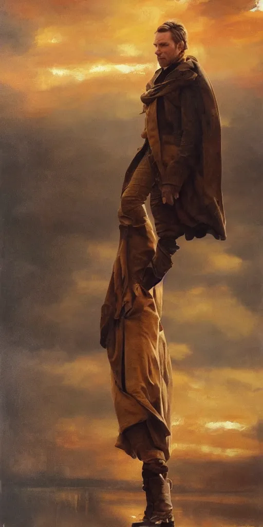 Image similar to we see ewan mcgregor from side. atmospheric feeling, warm colours, brown colours, yellow colours, epic scene, cinematic, very detailed, oil painting