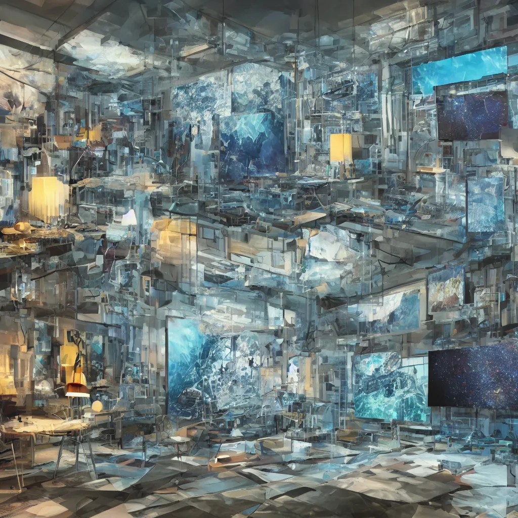 Image similar to photo realistic look inside a modern ai artists room with video screen walls and whimsical furniture with large windows overlooking a metropolis, perfect symmetry, super focus, 8 k, cinematic lighting, techie, mechanical, psychedelic, fractal, relaxing