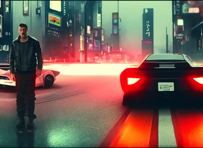 Image similar to Bladerunner2049 street racing man leaning cool pose on his white sports car with red emissives volumetric lighting Cyberpunk RTX ray marching street atmospheric cinematic screen cap street Tokyo slightly foggy Ryan Church Roger Deakins RX7 FD S15 GTR R35 Nismo