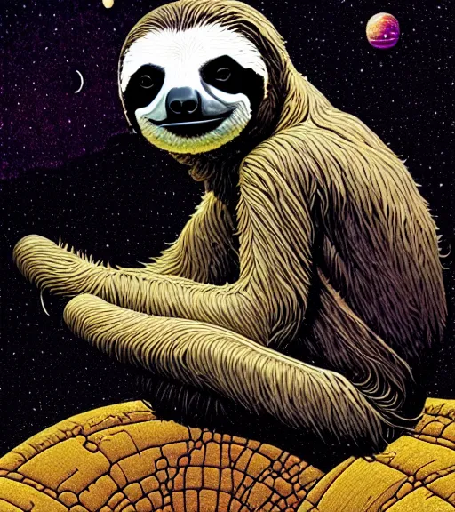 Prompt: a sloth contemplating space and time by dan mumford and norman rockwell and mœbius, hyperrealism, highly detailed, intricate details