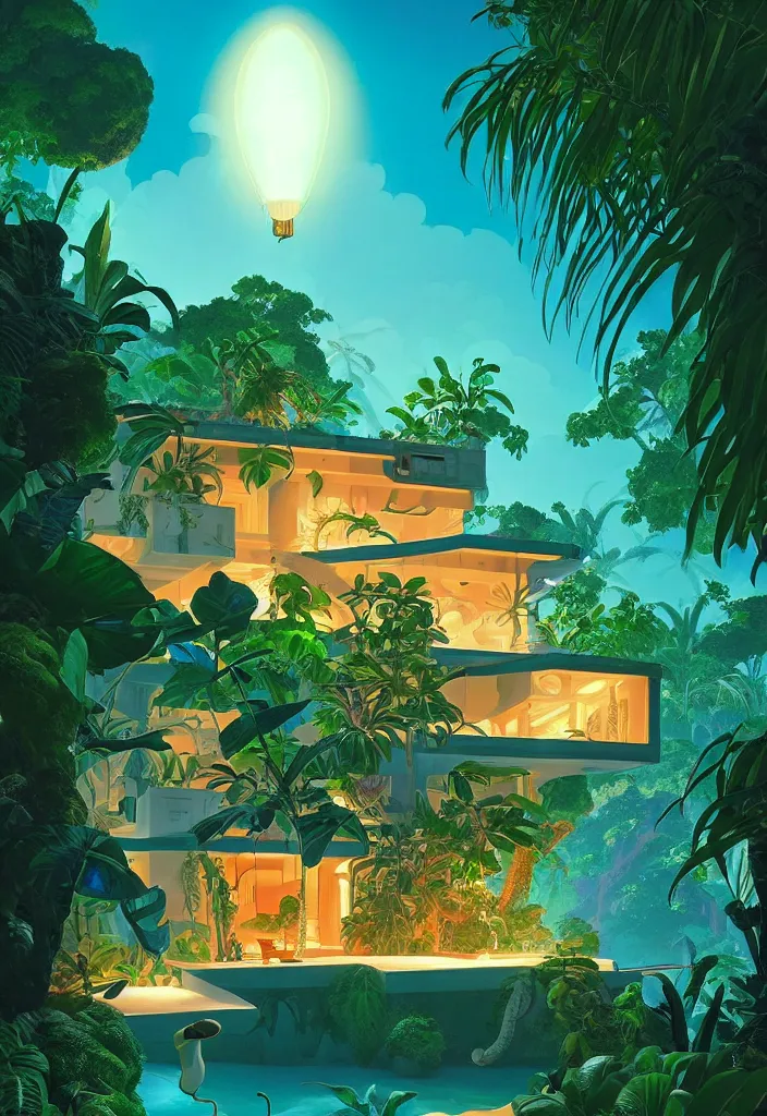 Image similar to a luminescent tropical cottage by paolo eleuteri serpieri and tomer hanuka and chesley bonestell and daniel merriam and tomokazu matsuyama, unreal engine, high resolution render, featured on artstation, octane, 8 k, highly intricate details, vivid colors, vector illustration