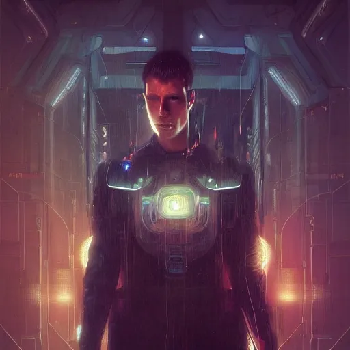 Image similar to portrait of a man, sci - fi, cyberpunk, blade runner, glowing lights, tech, biotech, techwear, intricate, elegant, highly detailed, digital painting, artstation, concept art, smooth, sharp focus, illustration, art by artgerm and greg rutkowski and alphonse mucha