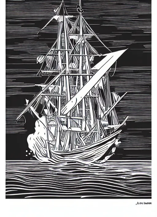 Image similar to realistic galleon ghost ship on the high seas with stormy big waves, art by james o barr, woodblock print, steel engraving, black and white, vector, vector art
