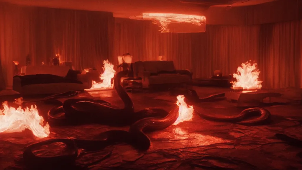 Prompt: a giant Snake made of fire and ice floats through the living room, film still from the movie directed by Denis Villeneuve with art direction by Salvador Dalí, wide lens