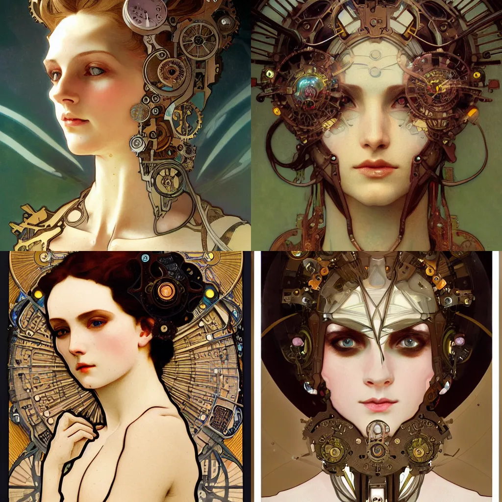 Prompt: A close-up portrait of a beautiful female android wearing an intricate cracked porcelain face by Alphonse Mucha, exposed inner gears, bright soulful eyes, steampunk, gears, steam, art nouveau card, concept art, wlop, trending on artstation