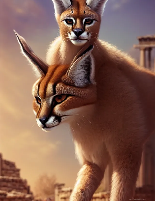 Prompt: cute fluffy caracal in a ancient greek city, wearing cowboy hat on head | | cute, key visual, realistic shaded perfect face, fine details by stanley artgerm lau, wlop, rossdraws, james jean, andrei riabovitchev, marc simonetti, and sakimichan, trending on artstation