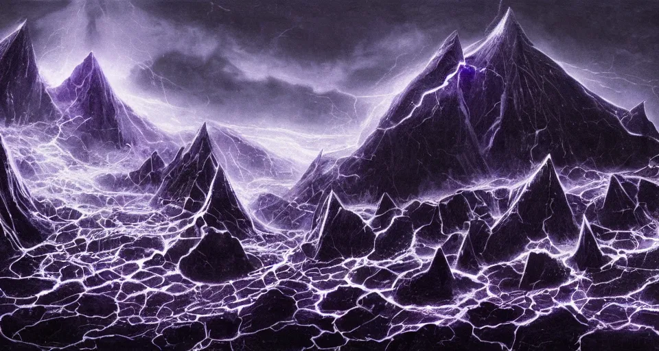 Image similar to black lovecraftian eldritch!! obsidian covered in etching pyramid!! purple light beams on a snowy mountain, being found by explorers, snowy, windy, by eugene von guerard, ivan shishkin, night, lightning!!, storm!, dramatic lighting, concept art, trending on artstation, 8 k