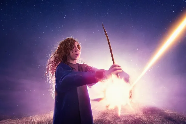 Image similar to a young adult wizard with very realistic face and hair points their wand from which a blast of bright magic flies from the end, on an empty moonlit hill, dramatic lighting, lens flare, cinematic photography