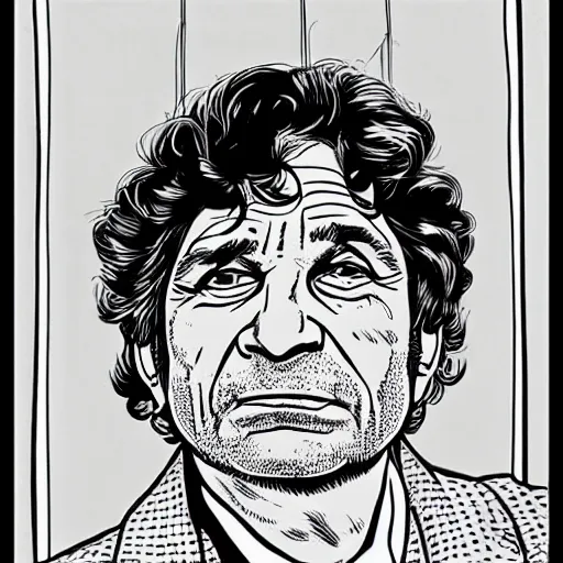 Image similar to a portrait illustration of Peter Falk drawn by ROBERT CRUMB