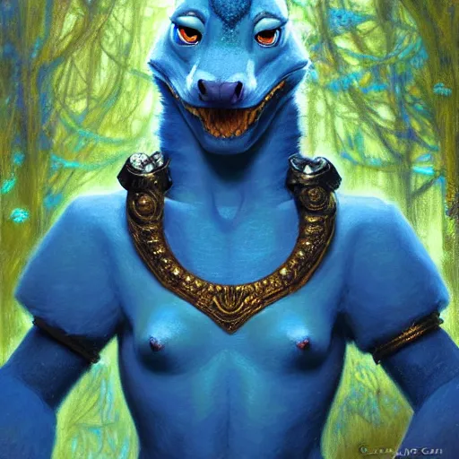 Image similar to a portrait of a female blue dinosaur wearing ornate plastic armor at night in a dark forest. zootopia fursona furaffinity furry art detailed face painting by gaston bussiere craig mullins jc leyendecker gustav klimt artgerm greg rutkowski furry