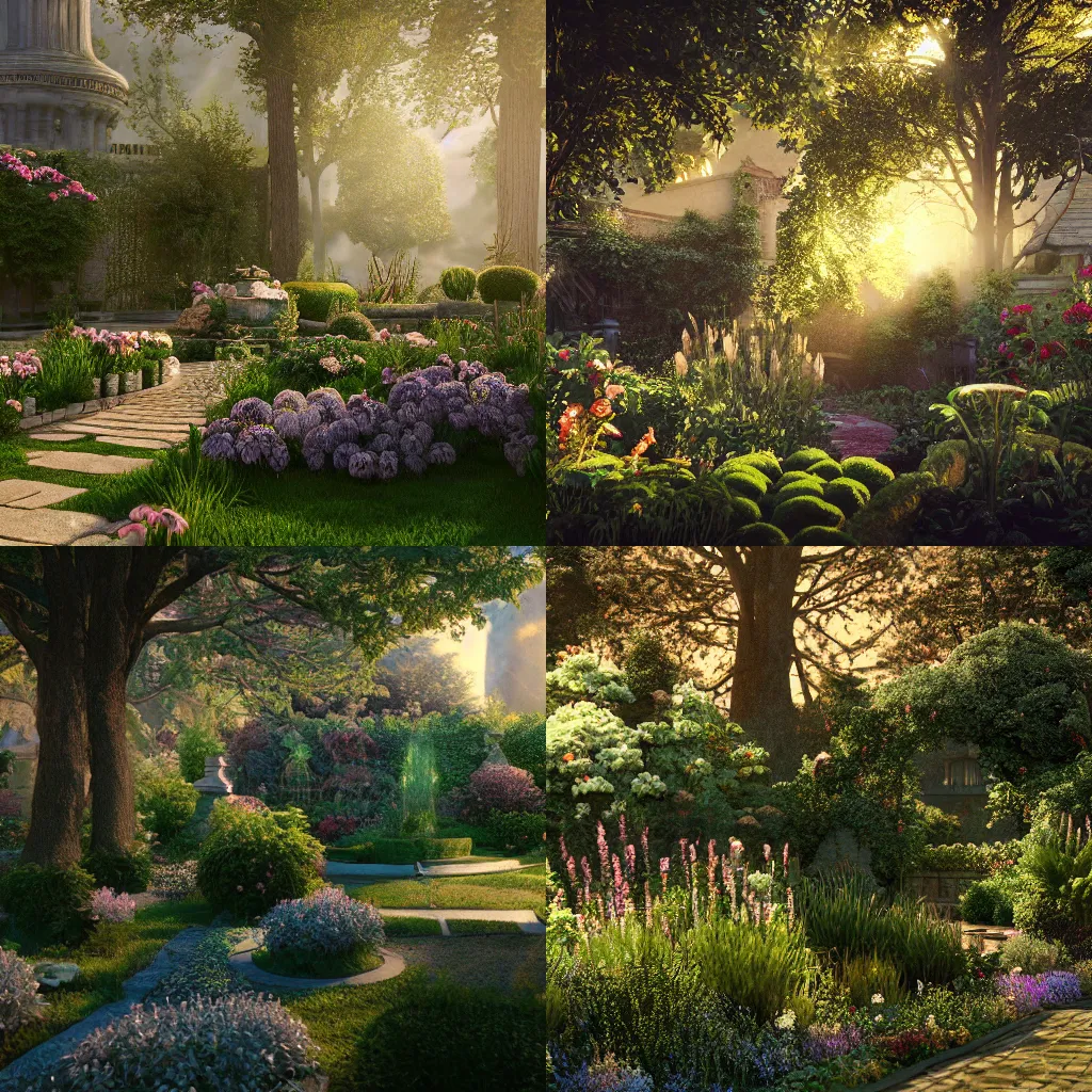 Prompt: photo of a Victorian garden, extreme details, soft lighting, crepuscular rays, realistic octane render, 8k