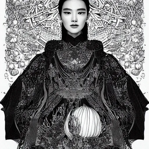 Image similar to the face of an incredibly beautiful, graceful, elegant, and sophisticated young chinese model dressed as a bulb of garlic, an ultrafine detailed illustration by james jean, intricate linework, bright colors, final fantasy, behance contest winner, vanitas, angular, altermodern, unreal engine 5 highly rendered, global illumination, radiant light, detailed and intricate environment