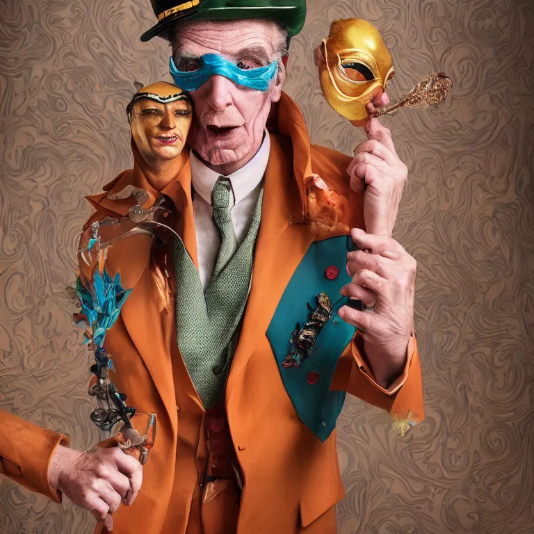 Image similar to high fashion photoshoot octane render portrait by wayne barlow and carlo crivelli and glenn fabry, subject is a single eccentric man in a bright colorful vintage wes anderson uniform and a shiny masquerade mask inside a high - end pastel exotic vintage boutique hotel lounge, very short depth of field, bokeh