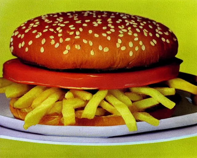 Prompt: 1970's cookbook color photograph of a big Mac with fries sharp detail high detail