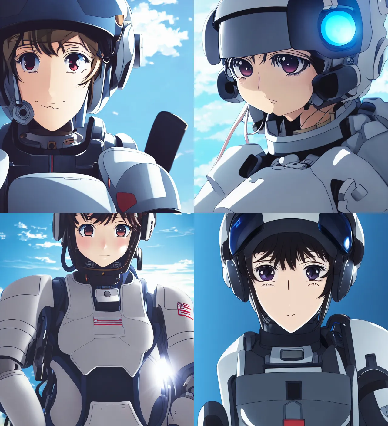Prompt: key anime visual portrait of a cute female pilot wearing piloting a mech suit armor, dynamic perspective, cinematic, dramatic lighting, muted colors, fine detail, textured