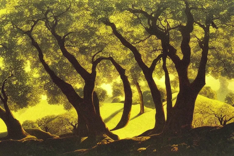 Image similar to masterpiece painting of oak trees on a hillside overlooking a creek, dramatic lighting, by maxfield parrish