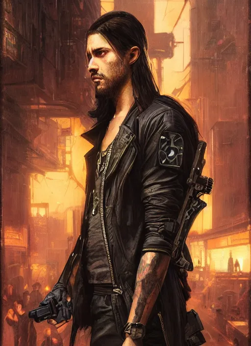 Image similar to long hair vampire. cyberpunk mercenary in a military vest ( blade runner 2 0 4 9, cyberpunk 2 0 7 7 ). orientalist portrait by john william waterhouse and james gurney and theodore ralli and nasreddine dinet, oil on canvas. cinematic, hyper realism, realistic proportions, dramatic lighting, high detail 4 k