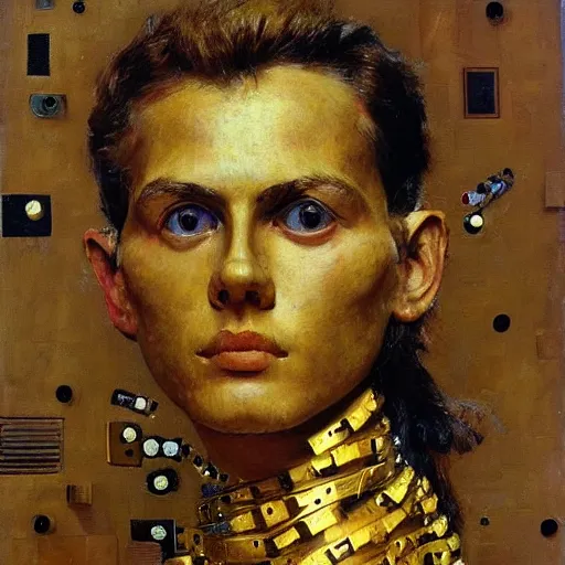 Prompt: a sculpture portrait made of fabric and screws and slides and gold, painting part by wojciech siudmak, part by ilya repin, part by max ernst, part by norman rockwell, artstation