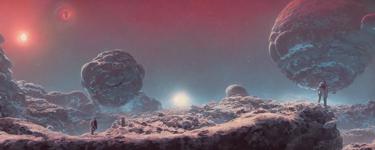 Prompt: lone explorer outer planet covered with ice, art by paul lehr, cinematic, detailed, epic, widescreen, opening, establishing, matte painting, photorealistic, realistic textures, octane render