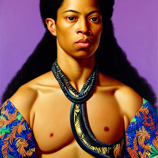 Image similar to A portrait of a thin trendy and gorgeous non-binary person, light skin tone, Maori people, oil painting by Kehinde Wiley, majestic, detailed, high resolution