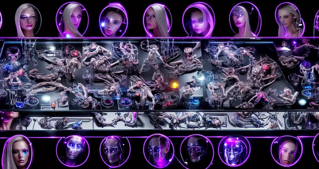 Image similar to beauty, 13 diverse cyborgs on one_side of a reflective !cybernetic table, posing_as_last_supper, inticrate detailed glowing implants, highly detailed, dramatic lighting, electrical details, high details, beautiful lighting