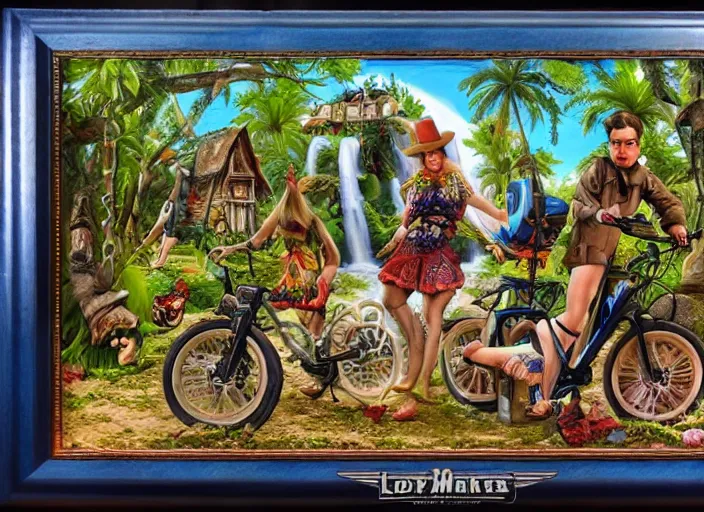 Prompt: 🏝⛺🚲👨🏼🦱, lowbrow, 3 - d highly detailed, in the style of, anne stokes, abney park,