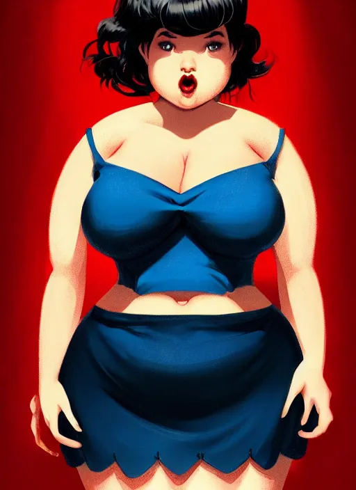 Image similar to full body portrait of teenage veronica lodge, obese, bangs, sultry, realistic, sultry smirk, wavy hair, red skirt, fat, belly, intricate, elegant, glowing lights, highly detailed, digital painting, artstation, concept art, smooth, sharp focus, illustration, art by wlop, mars ravelo and greg rutkowski