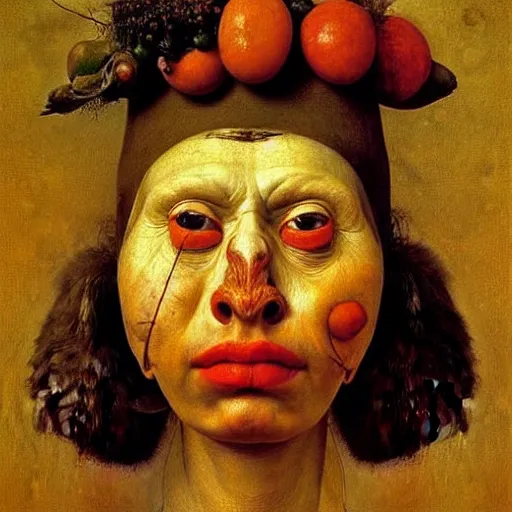 Image similar to very very beautiful portrait photo made from primitive objects, Perfect face, extremely high details, realistic, by Giuseppe Arcimboldo, Edward Hopper, Rene Margitte