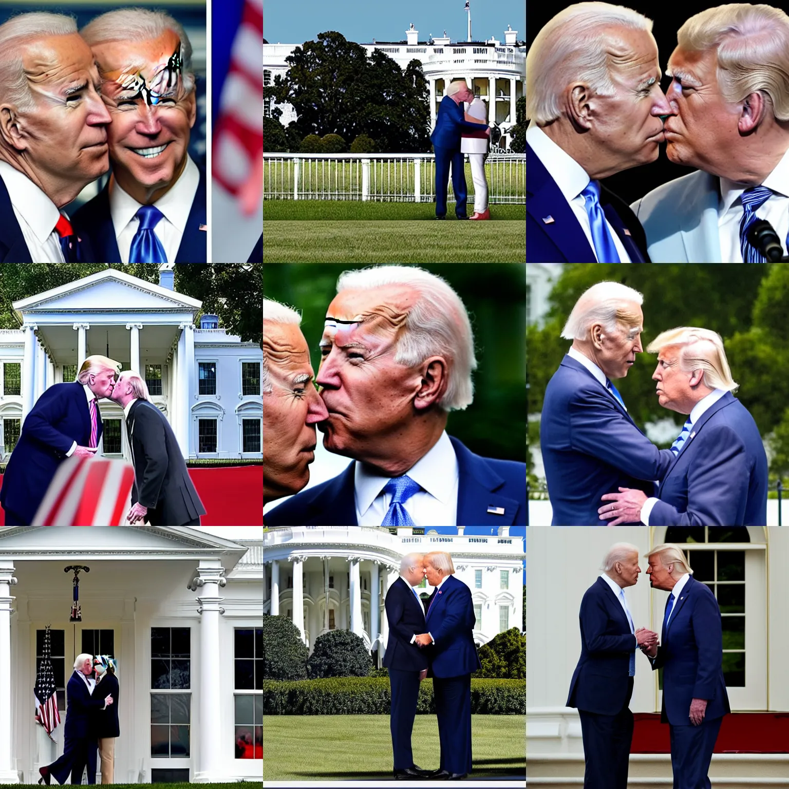 Prompt: Joe Biden and Trump kissing in front of the white house, hyper realistic, 4k