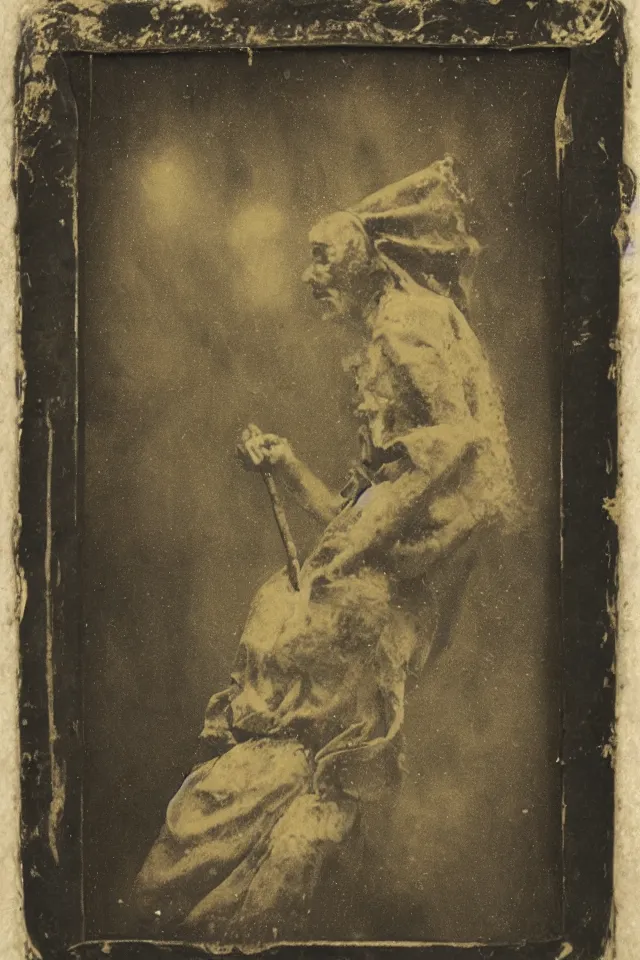 Image similar to wet plate photograph of sun tarot card victorian era, coal dust, in the style of brothers quay