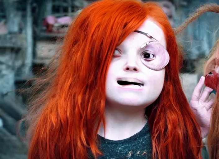 Prompt: a young red - haired girl with an eyepatch scaring little childrens, 4 k, dolby vision