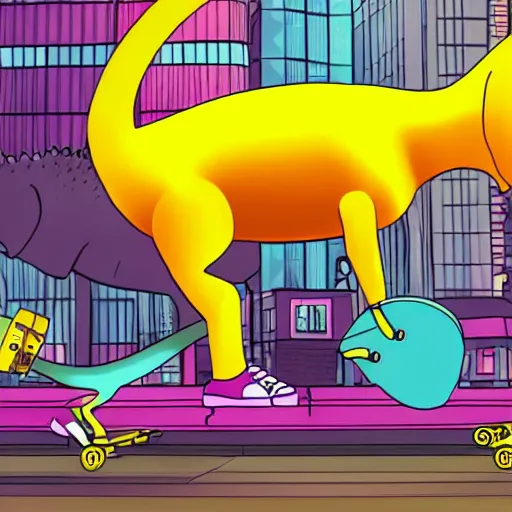 Image similar to a yellow dinosaur on a skateboard chasing a pink cat in a futuristic city, in the style of cyberpunk