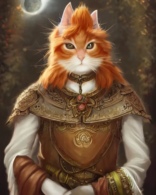 Prompt: High Fantasy whimsical portrait painting of a wise anthropomorphic humanoid ginger cat with big bushy eyebrows, upper body, wearing fantasy formal clothing, wearing fantasy clothing, cgsociety, trending on artstation, dnd