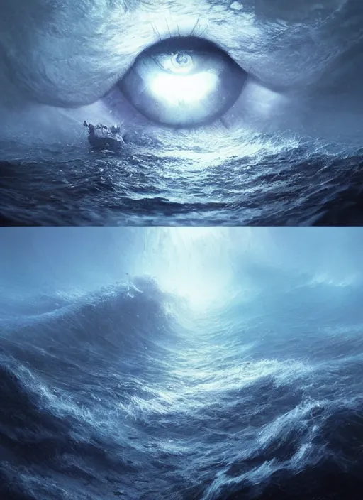 Prompt: magnificent eye emerging from the depths of the ocean, greg rutkowski, kim keever, ultra - detailed, atmospheric, color ink, beautiful, particles, cinematic lighting