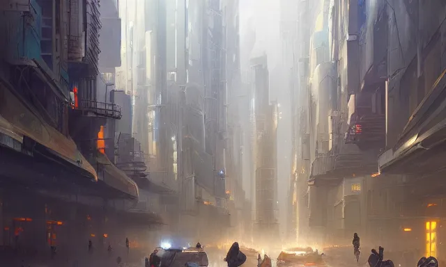 Image similar to A sci-fi digital concept art painting of a street-level view of a utopic art deco city, by greg rutkowski, trending on artstation, highly detailed, matte painting