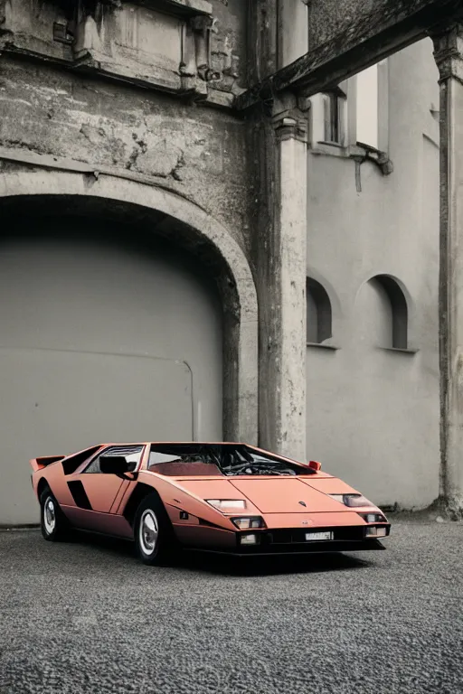 Image similar to Medium Format Portrait Photo of a Lamborghini Countach parked on a dock in Lake Como, sunny, award winning, highly detailed, depth of field, Cinestill 800t, wide shot, photo print.