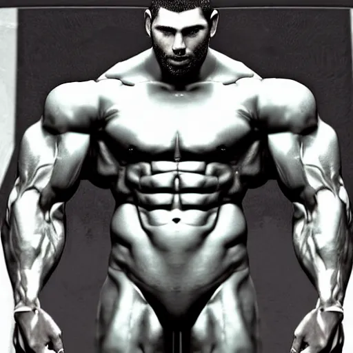 Image similar to a realistic detailed photo of a bodybuilder who is also a male android Chris Redfield, shiny skin, posing robotically, blank stare