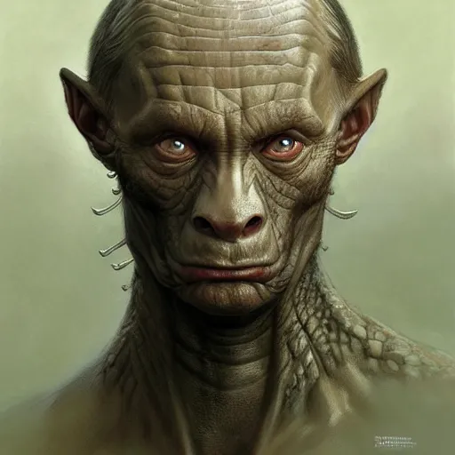 Image similar to vladimir putin, anthropomorphic bald prehistoric reptile, putin chimera, toothless, horror, macabre by donato giancola and greg rutkowski and wayne barlow and zdzisław beksinski, realistic face, digital art