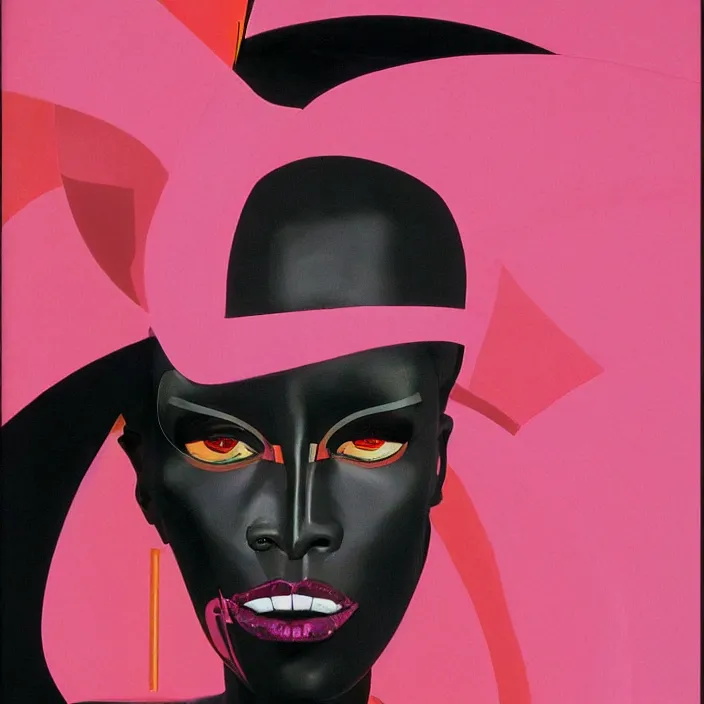 Prompt: abstract portrait of grace jones in pink, geometric, anime style, caravaggio, syd mead