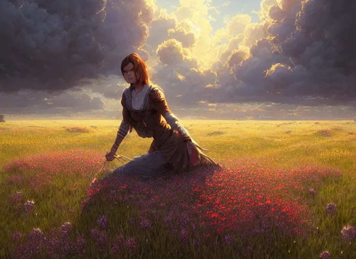Image similar to detailed intricate digital illustration by greg rutkowski and artgerm and wlop and sanford robinson gifford ; conversion van, beautiful meadow with colorful flowers and puffy clouds in background ; 1 3 mm film, arri alfa anamorphic lens ; sharp focus, golden hour lighting, trending on artstation 4 k ; close view