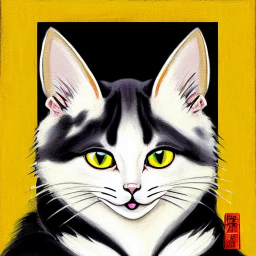 Image similar to painting of a cute white ( okami style ) ( ( kitsune ) ) cat budda with yellow patterns, plain white background, no people, art by jc leyendecker, phil hale, angular, brush strokes, painterly, crisp, portrait of a cat, cat portrait painting