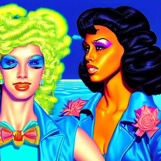 Prompt: Vaporwave Lady Gag by Greg Hildebrandt