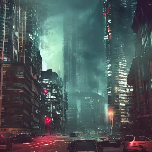 Image similar to an large apocalyptic city with tall buildings, london architecture in the style of liam wong, cinematic, epic environment, wide lens, cinematic lighting