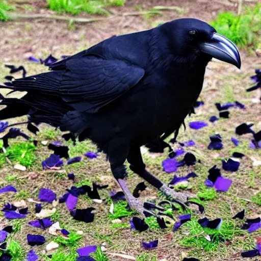 Image similar to crow made of black flower petals, many black petals growing out of the crow's back,