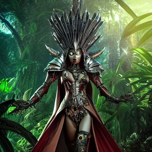 Prompt: mystical evil android queen with obsidian eyes, wearing an elaborate helmet, in a jungle, octane render, 8 k, unreal engine, by todd mcfarlane and artgerm and greg rutkowski and alphonse mucha