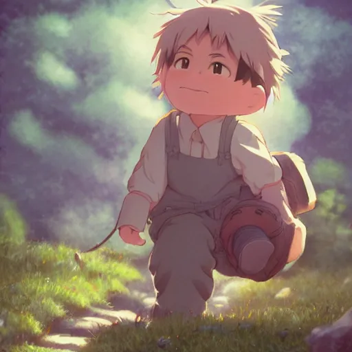 Prompt: Nostalgia guy and small creature, made by Studio Ghibli, cinematic lighting, highly detailed art, beautiful scene, artstation trenidng, sharp focus, smooth, artgerm