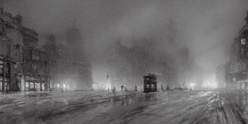 Prompt: 1 9 2 0 s warsaw during an arctic storm, dark, digital art, by james gurney